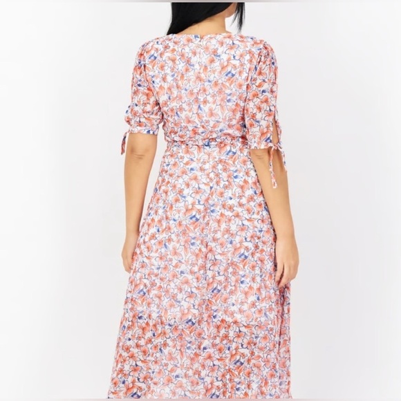 Tommy Hilfiger Sz 8 Coral Blue Floral Chiffon Flowy Lightweight Faux Wrap Dress - Picture 16 of 16